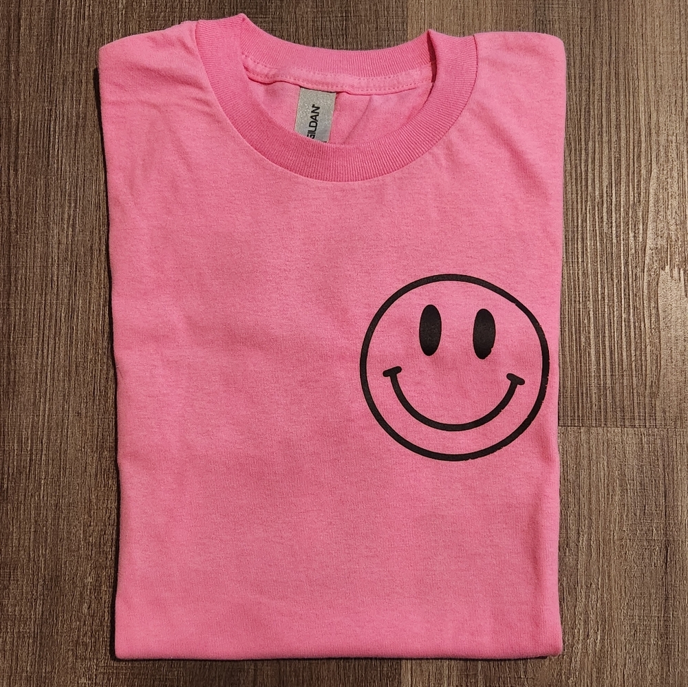 Gildan Pink Tee with Black Smiley Design